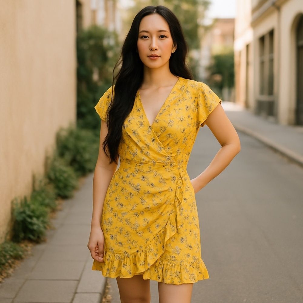 Lea & Viola Floral Wrap Dress sz Small Yellow